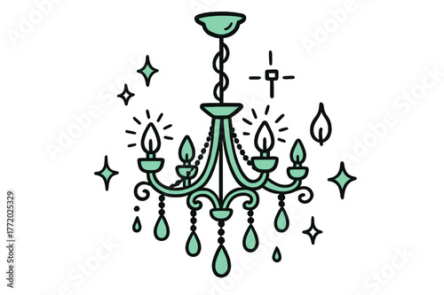 Modern Chandelier Doodle. // Modern chandelier. Hand-drawn doodle illustration Modern chandelier [chandelier frame (accented), hanging crystals (accented),