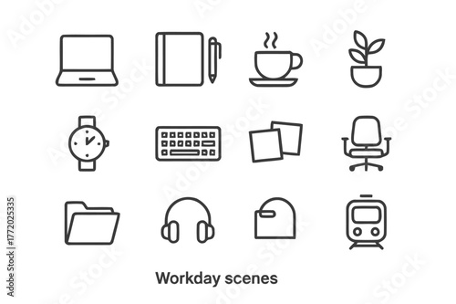 Workday Essentials Icons. Workday Scenes. Line icon set of Workday Scenes: laptop, notebook, pen, coffee cup, desk plant, wristwatch, keyboard, sticky notes,