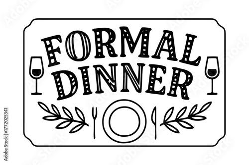 Decorative Dinner Letters. Formal Dinner ? playful decorative display lettering; patterned letters (stripes/dots), softly arched word-shape; framed by mini