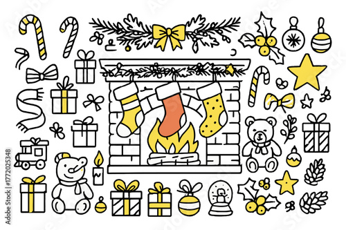 Festive Holiday Stockings. Holiday stockings. Hand-drawn doodle illustration Christmas stockings (colored), fireplace (colored), mantel (colored), candy canes