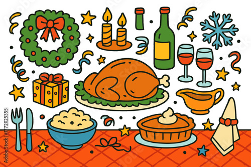 Festive Holiday Feast. Holiday feast. Colorful Hand-drawn doodle Children illustration Holiday feast roasted chicken, mashed potatoes, gravy boat, pumpkin pie,