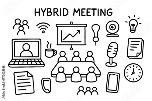 Hybrid Meeting Doodles. Hybrid meeting. Hand-drawn doodle illustration hybrid meeting laptop, conference table, projector, webcam, microphone, chart, group