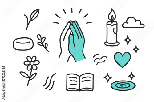 Mindfulness Elements Doodle. // Mindfulness practice. Hand-drawn doodle illustration Mindfulness practice [clasped hands (accented), candle (accented),