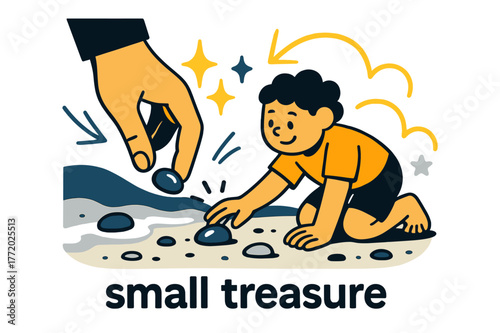 Beach Pebble Treasure. Pebble ? Beach Discovery. Child?s hand picks up a shiny stone from the wet sand; gentle sparkle icons mark the find. Caption ?small