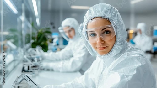 Laboratory Workers in Protective Suits Focus on Tasks in Clean and Sterile Environment
