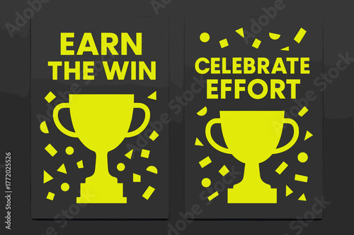 Victory Celebration Banners. Achievement. Two vertical A6 banners with safe margins, centered composition, no elements touching edges, bauhaus, charcoal and