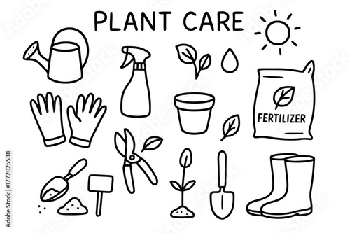 Plant Care Essentials. Plant care. Hand-drawn doodle illustration plant care watering can, spray bottle, gloves, pruning shears, pot, leaves, fertilizer bag,
