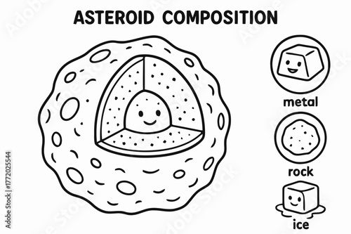 Asteroid Composition Coloring. Asteroid composition children?s coloring book illustration, outlined drawing, cutaway asteroid showing layers with icons for