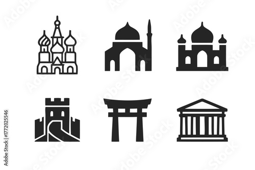 Minimal Landmark Icons. Eurasia. Set Logo of Cultural Landmarks: Minimal outline, Abstract geometric, Negative space, Flat solid, Symmetrical form, Iconic
