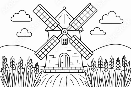 Windmill Coloring Page. Windmill field children?s coloring book illustration, outlined drawing, old-fashioned windmill surrounded by wheat fields, educational