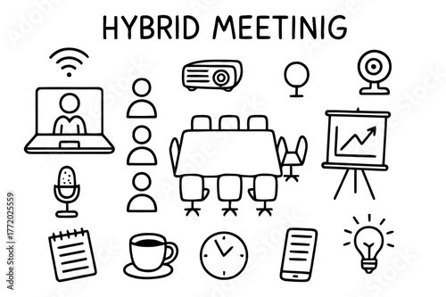 Hybrid Meeting Doodle. Hybrid meeting. Hand-drawn doodle illustration hybrid meeting laptop, conference table, projector, webcam, microphone, chart, group
