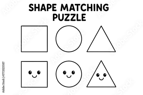 Kids' Shape Matching Puzzle. Shape matching puzzle children?s coloring book illustration, outlined drawing, square, circle, and triangle puzzle pieces matching