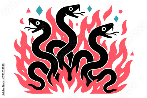 Fiery Serpent Dance. Writhing Serpents in Fire. Group of serpents writhing in a blaze with floating abstract geometric flames and glowing accents, intense and