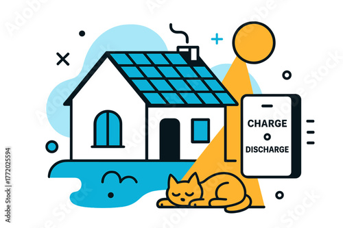 Solar-Powered Cozy Home. Home Battery & Solar Roof. A cozy house wears neat PV shingles; a wall battery glows with ?Charge ? Discharge.? A pet naps under a