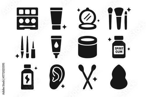 Cosplay Makeup Icons. Cosplay makeup and SFX. Solid icons set of Cosplay makeup and SFX: makeup palette, foundation tube, setting powder, brush set, liquid