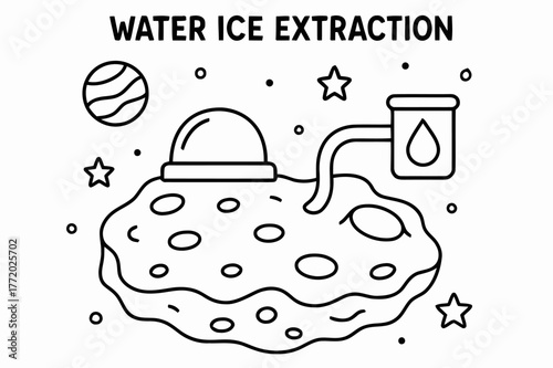 Ice Extraction Coloring Page. Water ice extraction children?s coloring book illustration, outlined drawing, small dome heater melting ice on an asteroid into a