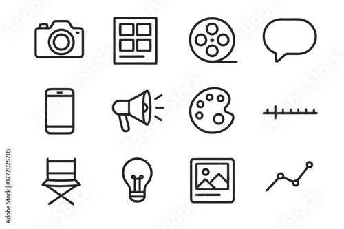 Visual Storytelling Icons. Visual storytelling in marketing through images and videos. Line icon set of visual storytelling: camera, storyboard, film reel,