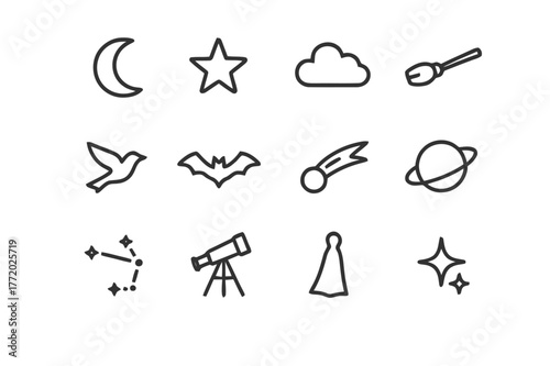 Night Sky Icons. Night sky journey. Line icon set of night flight: moon, stars, cloud, broomstick, bird, bat, comet, planet, constellation,