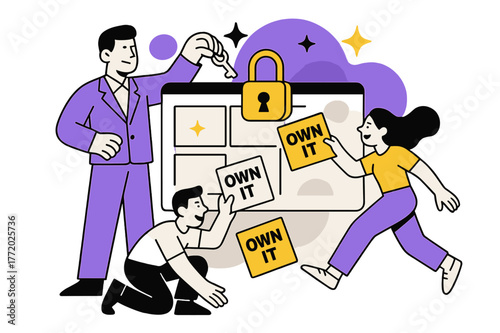 Unlocking Team Autonomy. Trust & Autonomy. A leader opens a lock over a task board; teammates grab cards labeled ?own it?. Subtle stars mark wins without