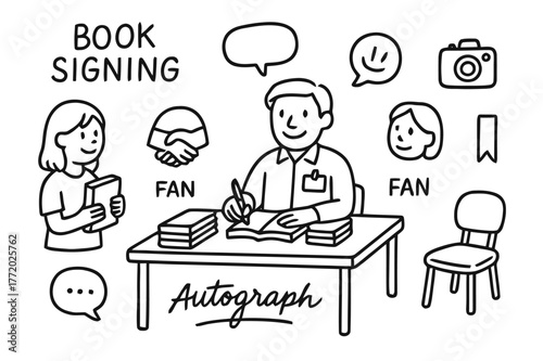Book Signing Doodle. Book signing. Hand-drawn doodle illustration book signing author, table, pen, stack of books, autograph, smile face, bookmark, name tag,