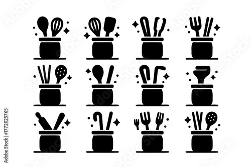 Kitchen Utensil Icons. Kitchen Utensil Holder. Solid icons set of Kitchen Utensil Holder: ceramic jar, wooden spoon, whisk, spatula, tongs, rolling pin, ladle,
