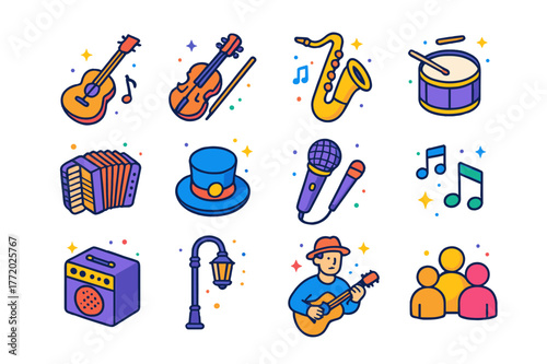 Colorful Musical Icons. Public performance. Colorful isometric vector icons set of public performance: guitar, violin, saxophone, drum, accordion, hat for