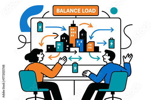 Smart Grid Animation. Smart Grid Control. Operators watch simplified city blocks glow as power flows animate in arrows; ?Balance Load? pulses on a floating