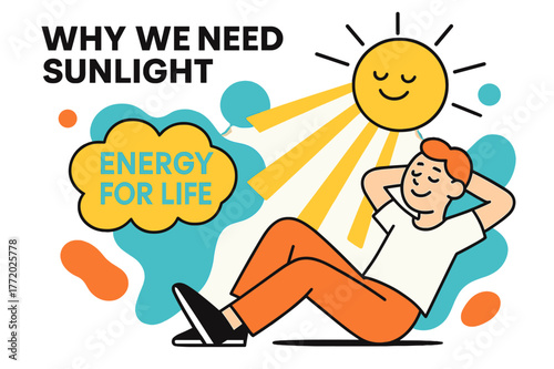 Sunlight's Vital Energy. Why We Need Sunlight. A glowing sun radiates soft geometric beams toward a smiling figure soaking in warmth. Floating text reads