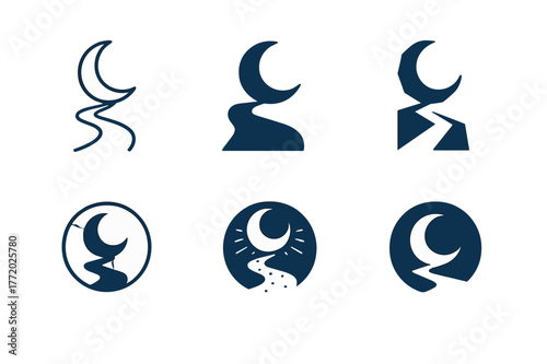 Moonlit Path Logos. Moonlit path. Set Logo of Moonlit path: crescent moon illuminating track. harmonious logo variations of the same emblematic concept, each