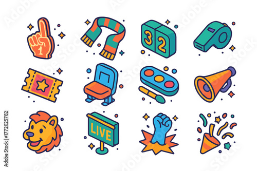 Sports Fan Icons. Sports event fan tags. Colorful isometric vector icons set of Sports event fan tags: foam finger, team scarf, scoreboard tile, whistle,
