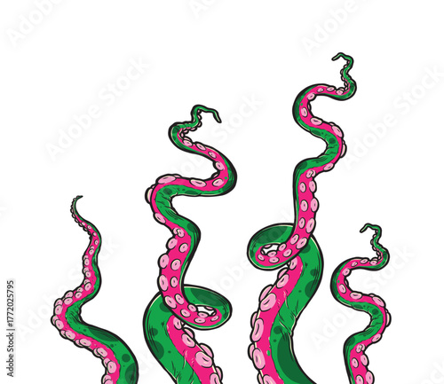 Tentacles of octopus, vector hand drawn collection of illustrations. Black and white engraving style drawings. Tentacle straight and with rings in different angles.