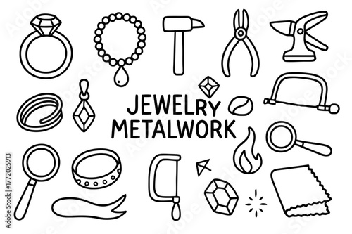 Jewelry Metalwork Tools. Jewelry metalwork. Hand-drawn doodle illustration jewelry metalwork ring, necklace, hammer, pliers, anvil, wire, pendant, gemstone,