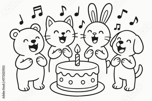 Animal Birthday Sing-Along. Animal friends birthday song children?s coloring book illustration, outlined drawing, cartoon animals singing around a birthday