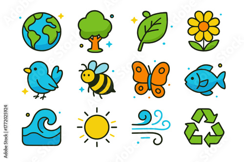 Ecological Balance Icons. ecological balance. Colorful isometric vector icons set of ecological balance: earth, tree, leaf, flower, bird, bee, butterfly, fish,