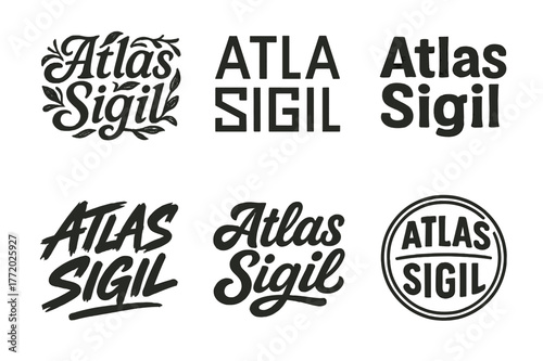 Atlas Sigil Variations. Atlas Sigil. Set lettering. harmonious lettering variations of the same emblematic concept, each with different artistic interpretation