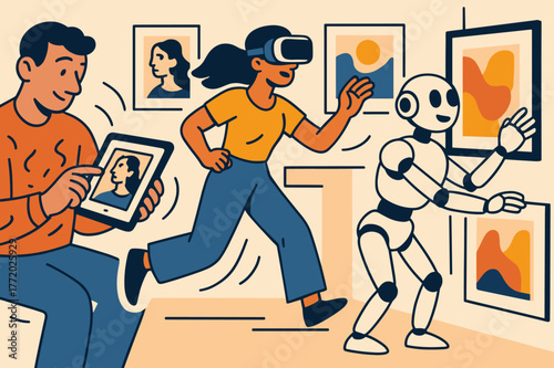 Tech-Driven Art Collection. The impact of technology on art collecting. A person browsing art pieces on a tablet, a virtual reality headset allowing collectors