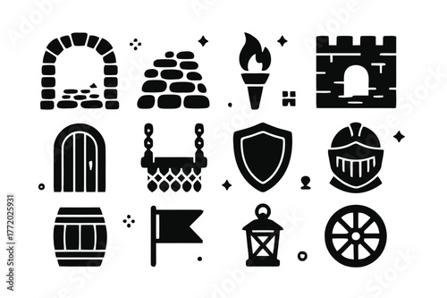 Medieval Icon Set. Medieval Pathway. Solid icons set of Medieval Pathway: stone archway, cobbled street, torch, castle wall, wooden door, chain gate, shield