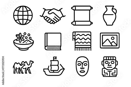 Cultural Exchange Icons. Cultural exchange through trade. Line icon set of cultural exchange: globe, handshake, scroll, pottery, spices, book, textile,