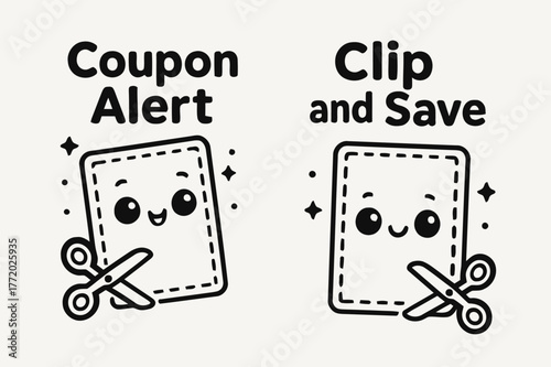 Kawaii Coupon Banners. COUPON. Two vertical A6 banners with safe margins, centered composition, no elements touching edges, kawaii, black and white, coupon