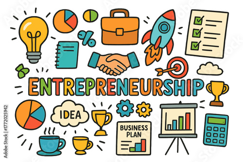 Entrepreneurship Doodle Icons. Entrepreneurship. Colorful Hand-drawn doodle Children illustration Entrepreneurship light bulb, rocket, briefcase, notebook,