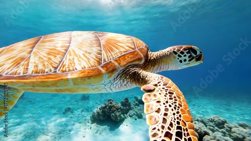 Graceful Turtle Swimming in Clear Blue Ocean, Showcasing Vibrant Marine Wildlife Underwater