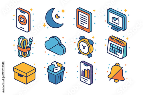 Digital Declutter Icons. Digital minimalism. Colorful isometric vector icons set of Digital minimalism: phone with app limits, do not disturb moon, e-ink