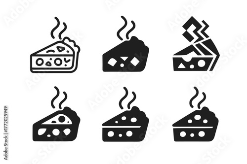 Quiche Logos. Cooking a savory quiche with vegetables and cheese. Set Logo of Cooking a savory quiche with vegetables and cheese: sliced quiche with steam