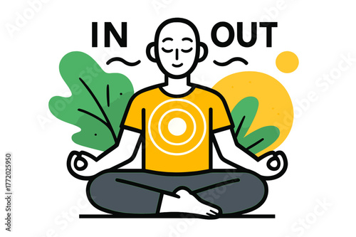 Deep Breathing Illustration. Stress management techniques ? Deep breathing. Calm figure sits cross-legged as smooth rings radiate from the chest; text ?IN /