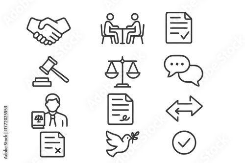 Dispute Resolution Icons. Dispute Resolution. Line icon set of Dispute Resolution: handshake, mediation table, agreement file, arbitration gavel, scale,