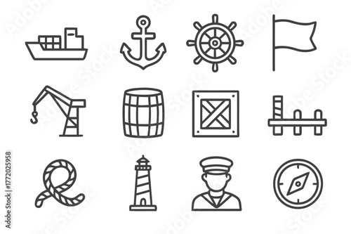 Merchant Ship Icons. Merchant ships and ports. Line icon set of merchant ships: cargo ship, anchor, helm, flag, crane, barrel, crate, dock, rope, lighthouse,