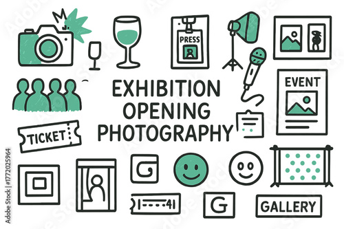 Exhibition Opening Highlights. Exhibition opening photography. Hand-drawn doodle illustration exhibition opening photography camera flash (accented), wine