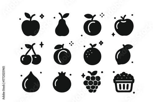 Organic Fruit Icons. Organic fruit orchard. Solid icons set of Organic fruit orchard: apple, pear, peach, plum, cherry, apricot, orange, lemon, fig,