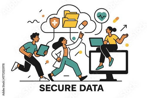 Cloud-Based Health Records. Healthcare Tech ? Cloud Records. Folders and medical icons float above a cloud; connection lines link to tablets and monitors. Text