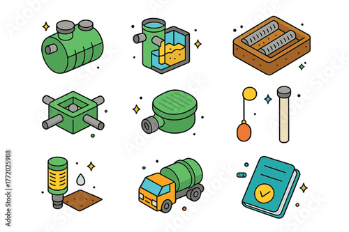 Colorful Septic Icons. Septic systems. Colorful isometric vector icons set of Septic systems: septic tank, inlet baffle, outlet baffle, distribution box, leach